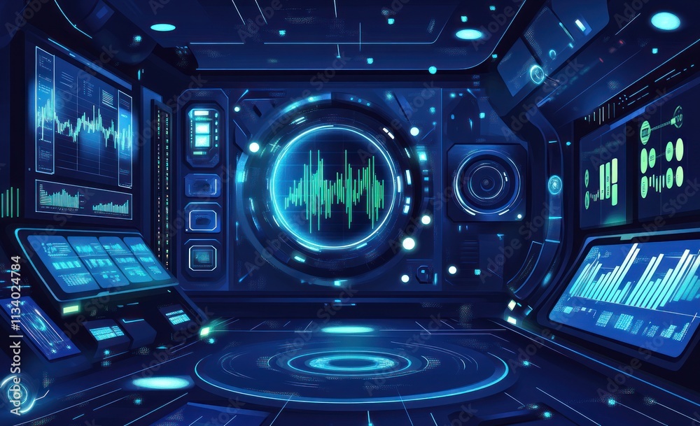 Poster Futuristic control room with holographic displays and data visualizations.