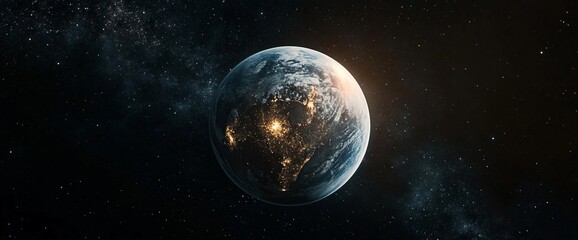 A view of Earth from space, highlighting city lights and natural features.