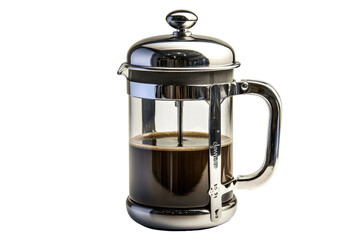 French Press Coffee Maker Brewing Dark Coffee Isolated on PNG Transparent Background