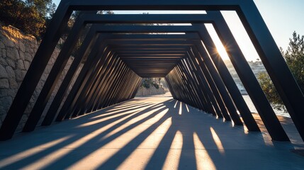 Naklejka premium A triangular pavilion made of interlocking steel beams, creating dramatic shadows on the ground in a minimalist setting