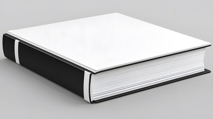 Blank hardcover book with black spine and white cover, isolated on gray background.