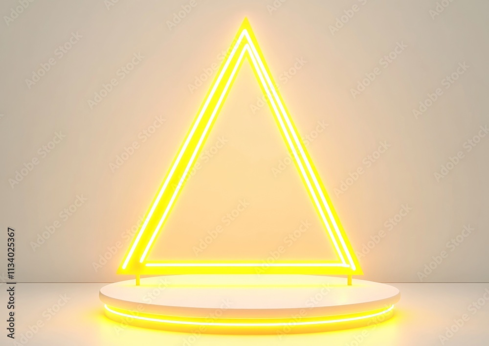 Aufkleber illuminated yellow triangle frame on white pedestal.