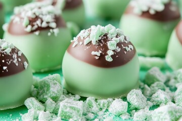 Close-up of mint chocolate truffles coated in crushed candy.