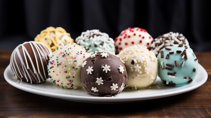 A creative white canvas showcasing delicate marshmallow snowflakes rich chocolate covered cookies and festive sprinkles captured in a front facing angle for a simple yet striking visual display