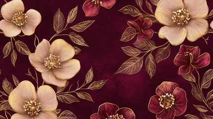 Floral Pattern of Gold Contour and Leaves on a Dark Backdrop..