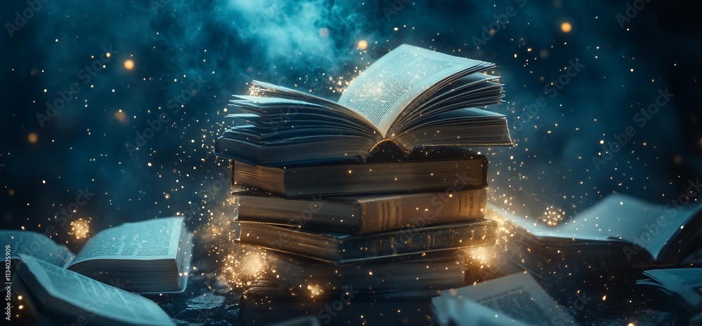 Poster An enchanting stack of open books surrounded by sparkling magical effects.