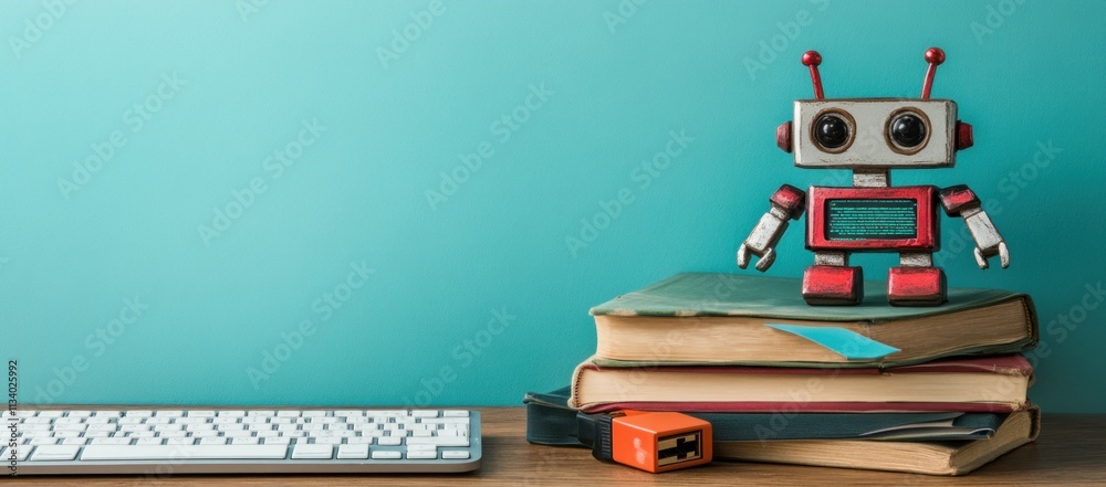 Poster Retro robot toy on books near keyboard.