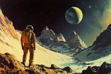 a painting of an astronaut standing on a mountain