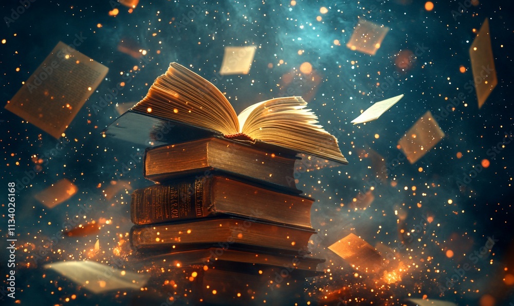 Poster An open book floats above stacked volumes, surrounded by glowing particles.