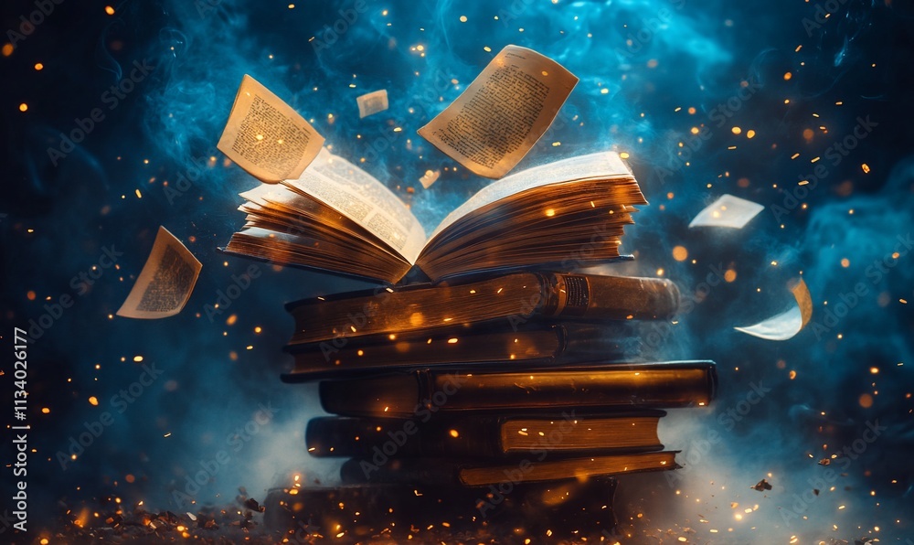 Aufkleber An open book surrounded by floating pages and glowing particles in a mystical setting.