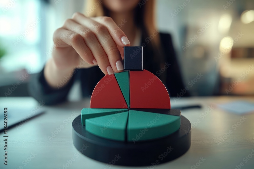 Aufkleber woman's hand placing a block on a pie chart model.