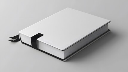 Blank white hardcover book with black ribbon bookmark on light gray background.