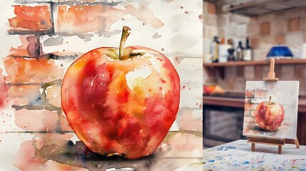 A watercolor painting of a ripe apple on a rustic brick wall, with vibrant red hues and soft highlights.