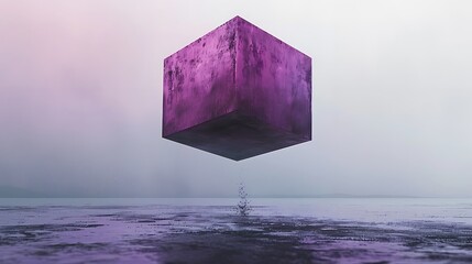 A large purple cube floating above a serene gray surface