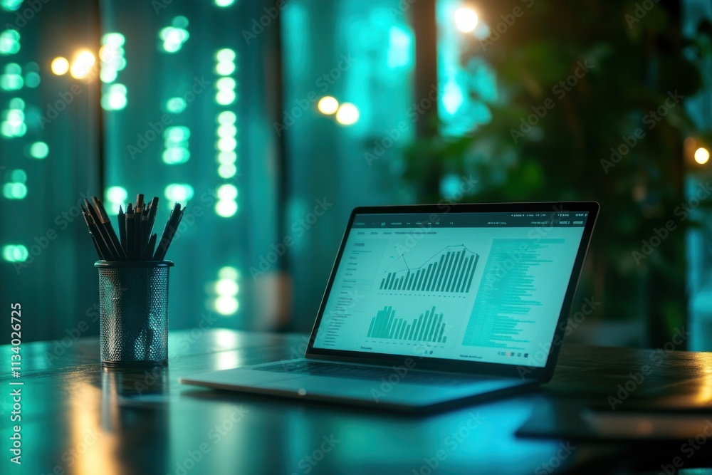 Aufkleber Laptop displaying graphs on a desk at night.