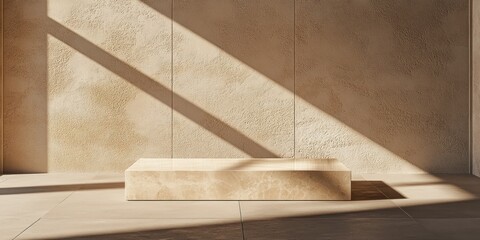 Beige stone platform in sunlit room.