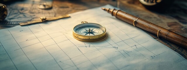 Navigating the journey exploring compass and cartography tools on vintage map table indoor study environment detailed focus