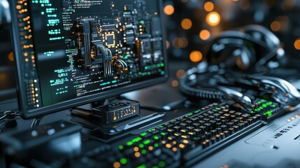 Obraz premium High-tech workspace featuring a powerful computer setup with illuminated keyboard, dynamic circuit board display, and a sophisticated headset on a sleek black desk