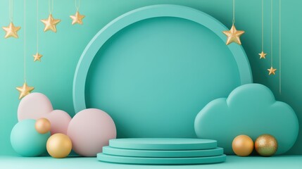 Vibrant stage setup featuring pastel clouds and golden stars against a teal background, ideal for events, celebrations, or product launches, Perfect for creating a festive atmosphere,