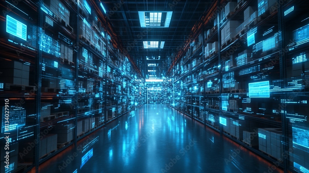 Aufkleber futuristic warehouse with digital data visualization and organized storage.