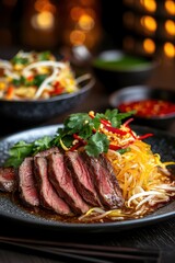 Savory grilled steak dish with fresh vegetables gourmet restaurant culinary delight cozy ambiance close-up view food presentation