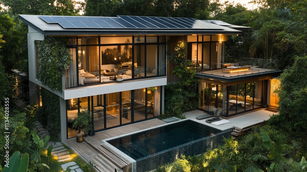 Poster modern eco-friendly house with solar panels and a pool in a lush setting.