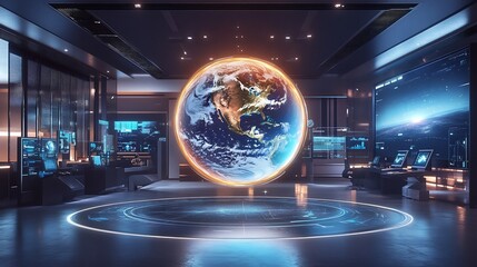 Levitating Sphere Displaying Real Time Earth Visualization in High Tech Command Center