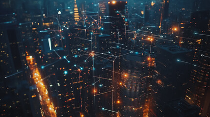 Obraz premium Smart digital Innovation city with connection network reciprocity over the cityscape. of future smart wireless digital city and social media networking systems that connects people with in city