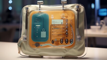 Obraz premium Detailed close up view of a transparent dialysis fluid bag displaying visible measurement markings and scales