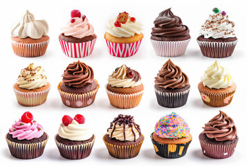 Collection of cupcakes with various frosting designs and toppings, arranged neatly on a white background.