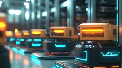 Futuristic Robots in Modern Warehouse Environment with Neon Lights