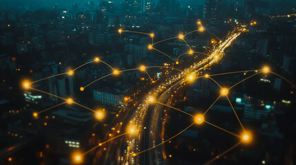 Obraz premium Smart digital Innovation city with connection network reciprocity over the cityscape. of future smart wireless digital city and social media networking systems that connects people with in city