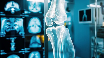 Knee X-ray: A close-up of a human knee x-ray, with a blurred background of other medical images, illustrating the intricate structure of bones and joints. This image emphasizes the skeletal system.