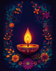 Vibrant rangoli design showcasing a glowing diya, ideal for Diwali, cultural celebrations, and festive greeting cards, enhancing festive joy and warmth.