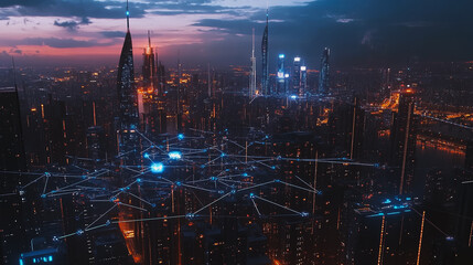 Fototapeta premium Smart digital Innovation city with connection network reciprocity over the cityscape. of future smart wireless digital city and social media networking systems that connects people with in city