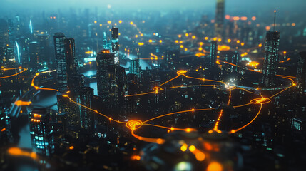 Fototapeta premium Smart digital Innovation city with connection network reciprocity over the cityscape. of future smart wireless digital city and social media networking systems that connects people with in city