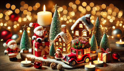 Warm Christmas Celebration with Miniature Trees and Decorations.