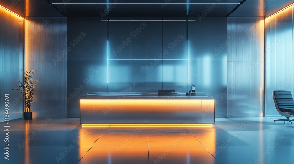 Poster modern office reception area with sleek design and ambient lighting.