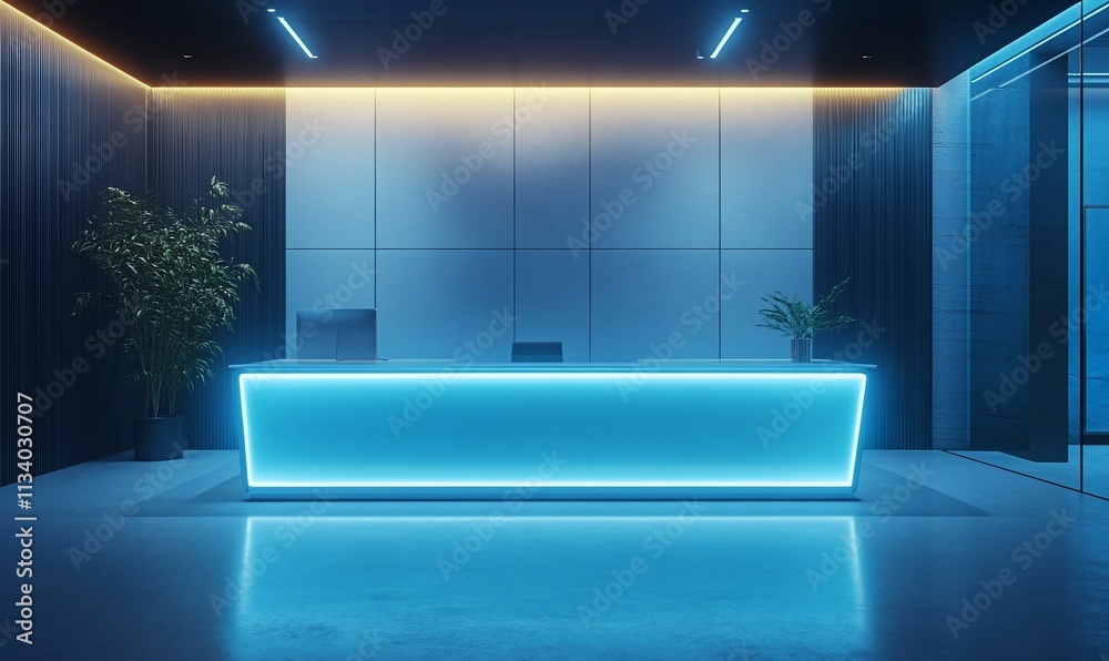 Poster modern reception area with a glowing blue desk and minimalist design.