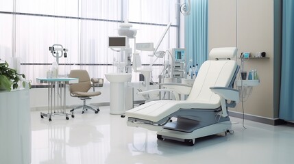 Photograph of a modern and well equipped professional clinic setting showcasing a patient undergoing localized dialysis treatment with advanced medical technology and equipment in a clean sterile