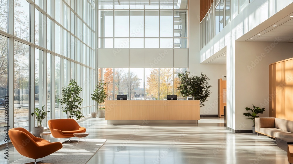 Poster modern reception area with large windows and minimalist furniture.