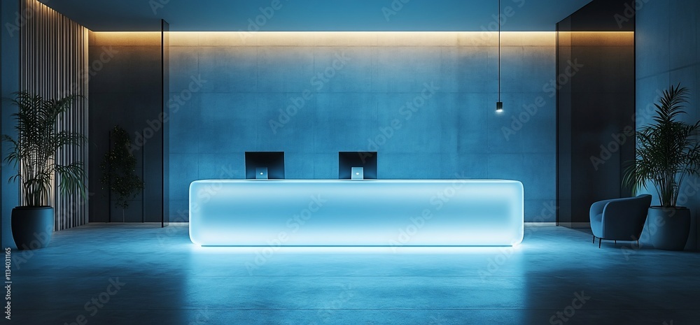 Poster Modern reception area with illuminated desk and minimalist design.