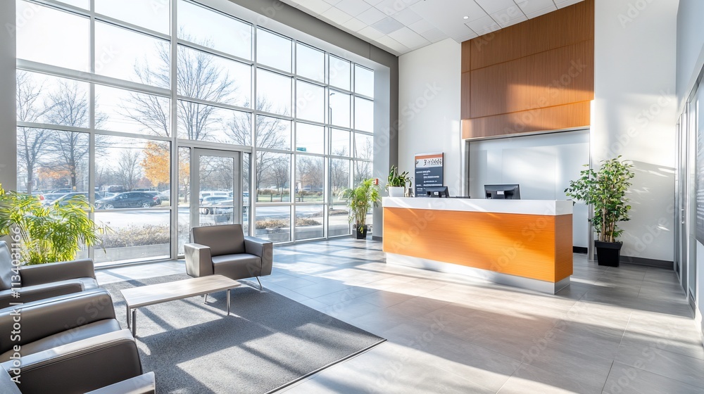 Poster modern reception area with large windows and minimalist furniture.