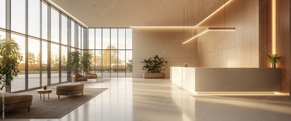 Poster modern reception area with large windows and natural lighting.