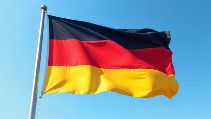 National flag of Germany on flagpole against blue sky background. State symbol of Federal Republic of Germany in close-up