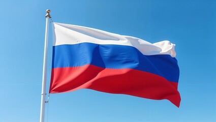Russian flag on flagpole against a blue sky background. Flag of the Russian Federation in close-up. Symbol of Russia	