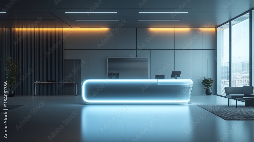 Poster modern reception area with sleek design and ambient lighting.