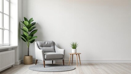 Minimalistic living room interior in white. Spacious room in light shades with gray armchair, coffee table and tall houseplant is illuminated by soft sunlight through large panoramic windows