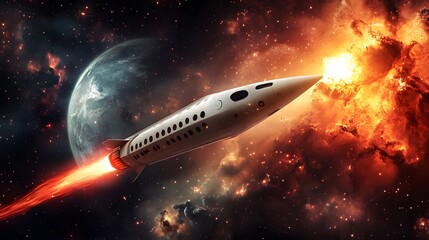 Fototapeta premium Spaceship Rocket Launches Through Fiery Nebula Near Planet