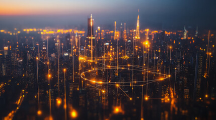 Fototapeta premium Smart digital Innovation city with connection network reciprocity over the cityscape. of future smart wireless digital city and social media networking systems that connects people with in city